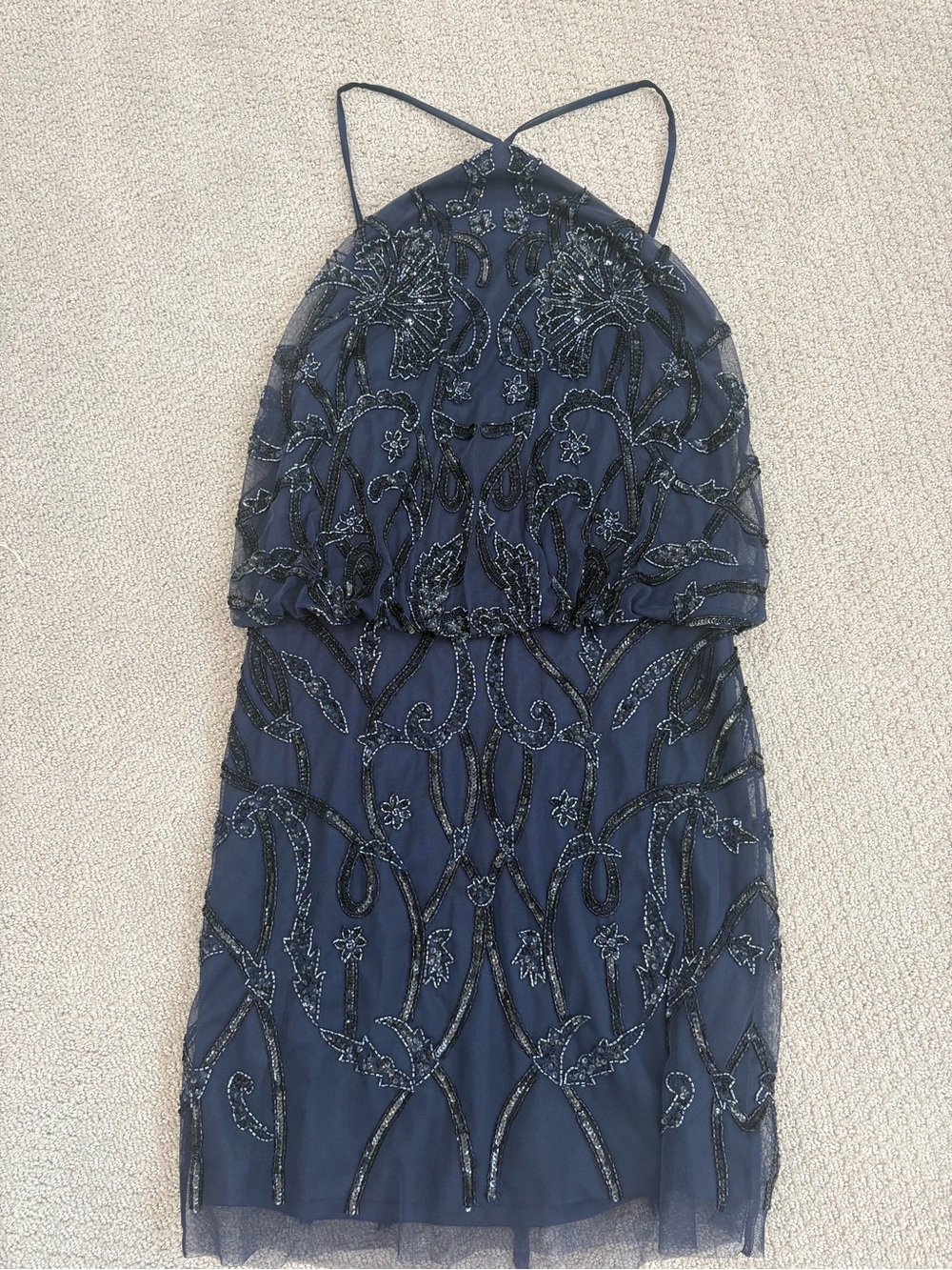 Aidan Mattox Navy and Black Beaded Mini Dress
